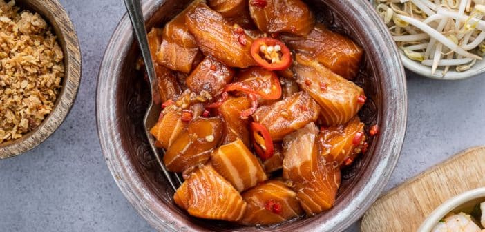 Oosterse zalm gourmet recept, zalm marineren, gourmetten met zalm, luxe vis gourmet, Oosters gourmetten, zalm teriyaki