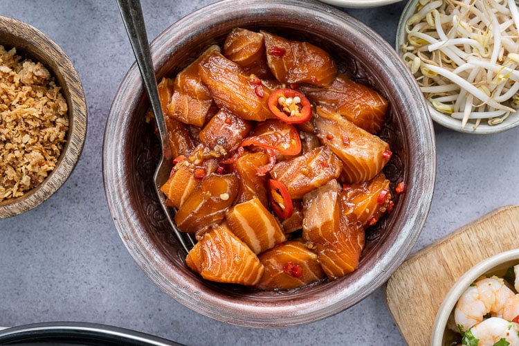 Oosterse zalm gourmet recept, zalm marineren, gourmetten met zalm, luxe vis gourmet, Oosters gourmetten, zalm teriyaki