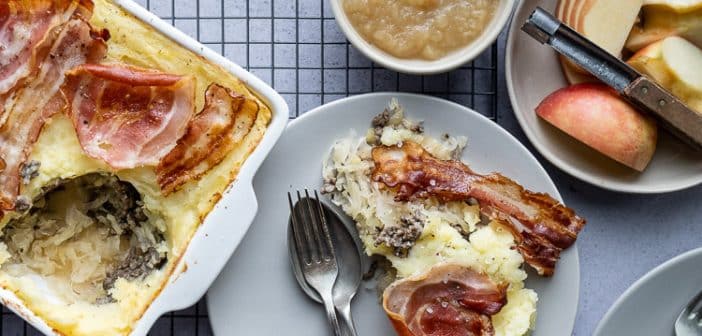 zuurkool ovenschotel met spek en appel, recept, ovenschotel met zuurkool, makkelijke ovenschotel, winter