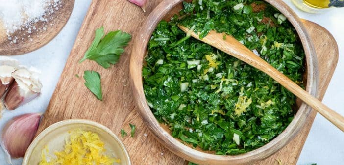 gremolata, gremolada, Italiaanse smaakmaker van peterselie, citroen en knoflook, fris bijgerecht, recept