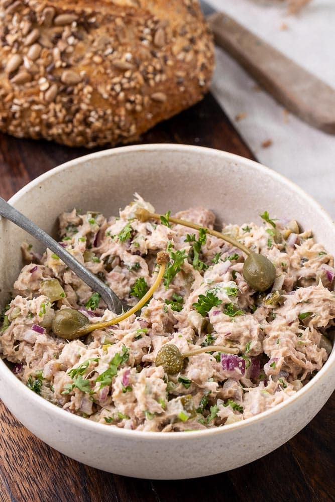 Tonijnsalade, tonijn salade, tonijnsalade recept, ouderwetse tonijnsalade, klassieke, gezonde, recepten, smeersalade tonijn