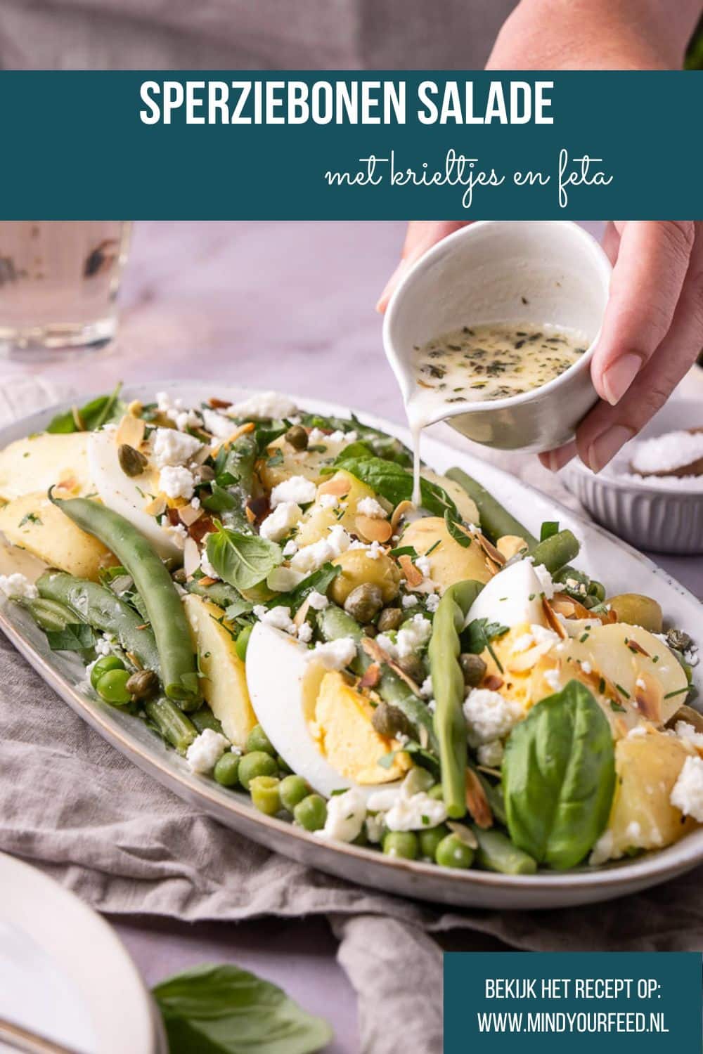 sperziebonen salade, sperziebonensalade, salade recept met bonen, krieltjes, gekookt ei, feta, olijven, yoghurt dressing, maaltijdsalade, zomer recept