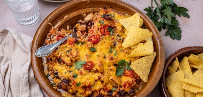 Mexicaanse ovenschotel met kip en rijst, ovenschotel recepten, Mexicaanse recepten, Mexicaanse rijstschotel, burrito's, fajita's, wraps, nacho ovenschotel