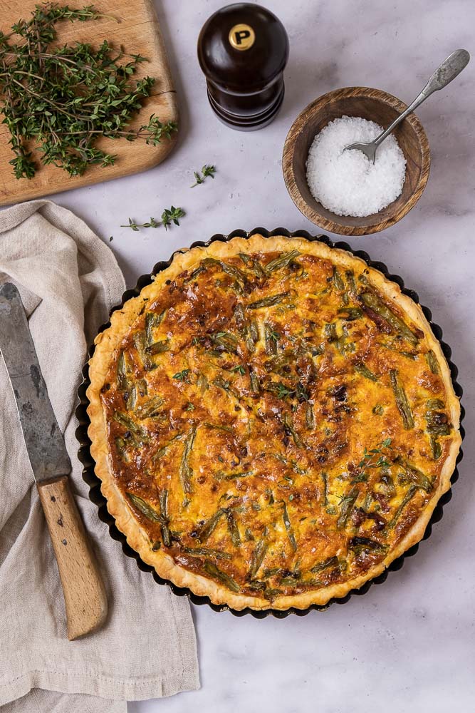 quiche met spek en sperziebonen, quiche met spekjes en bonen, sperziebonen quiche, hartige taart, recept