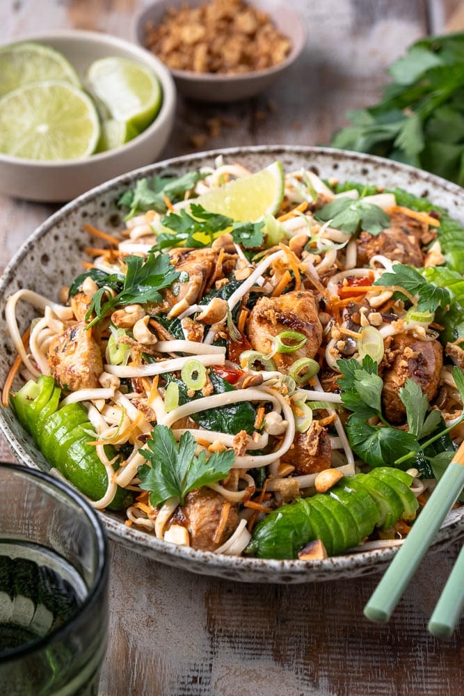 Noedels met kip en groenten, een lekker en makkelijk recept uit de Aziatische keuken van roerbak noodles of noedels met kip in Oosterse marinade met verschillende roerbakgroenten zoals wortel, spinazie, paprika en tauge in een kruidige Hoisin saus.