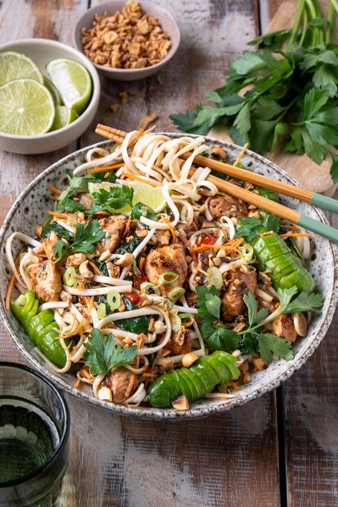 Noedels met kip en groenten, een lekker en makkelijk recept uit de Aziatische keuken van roerbak noodles of noedels met kip in Oosterse marinade met verschillende roerbakgroenten zoals wortel, spinazie, paprika en tauge in een kruidige Hoisin saus. 