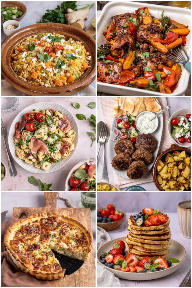 Weekmenu makkelijke maaltijden #20 – Gezonde en snelle recepten voor het hele gezin, met onder andere bloemkoolcouscous, kippendijen uit de oven en quiche met asperges.
