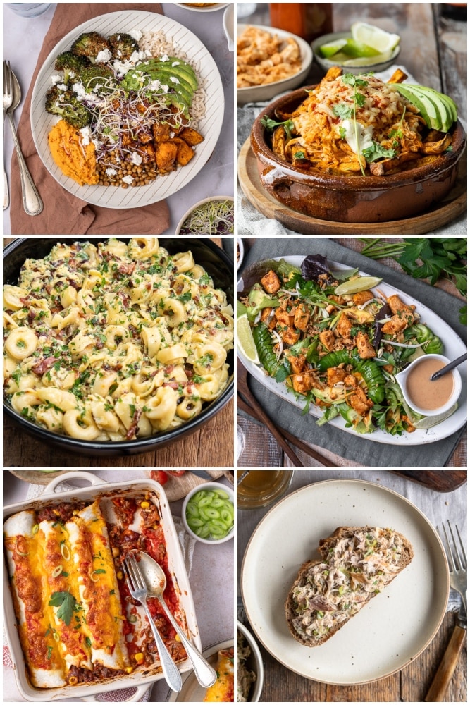 Weekmenu makkelijke maaltijden #21 – gezonde en makkelijke recepten voor het hele gezin, inclusief buddha bowl, tortellini carbonara, salade met pittige kip, enchiladas met gehakt, loaded fries met pulled chicken, makreelsalade en banaan havermout wafels.