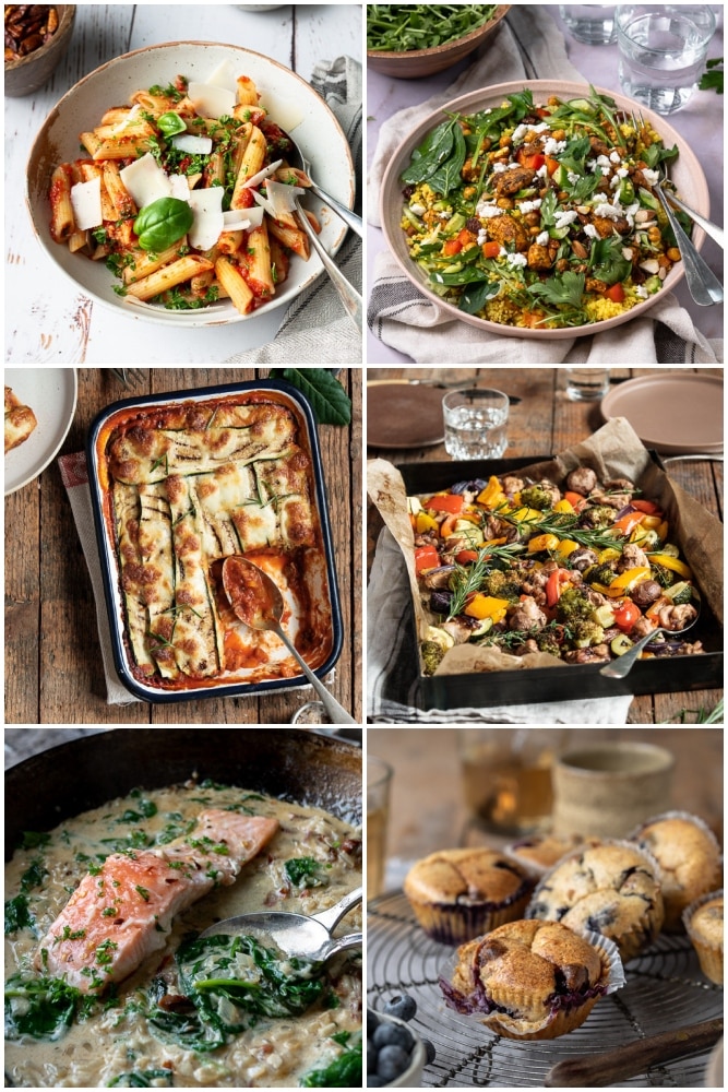 Weekmenu makkelijke maaltijden #23 – boordevol inspiratie voor een gezonde en gevarieerde eetweek. Courgette lasagne met gehakt, kip met groenten uit de oven en zalm in Italiaanse roomsaus.