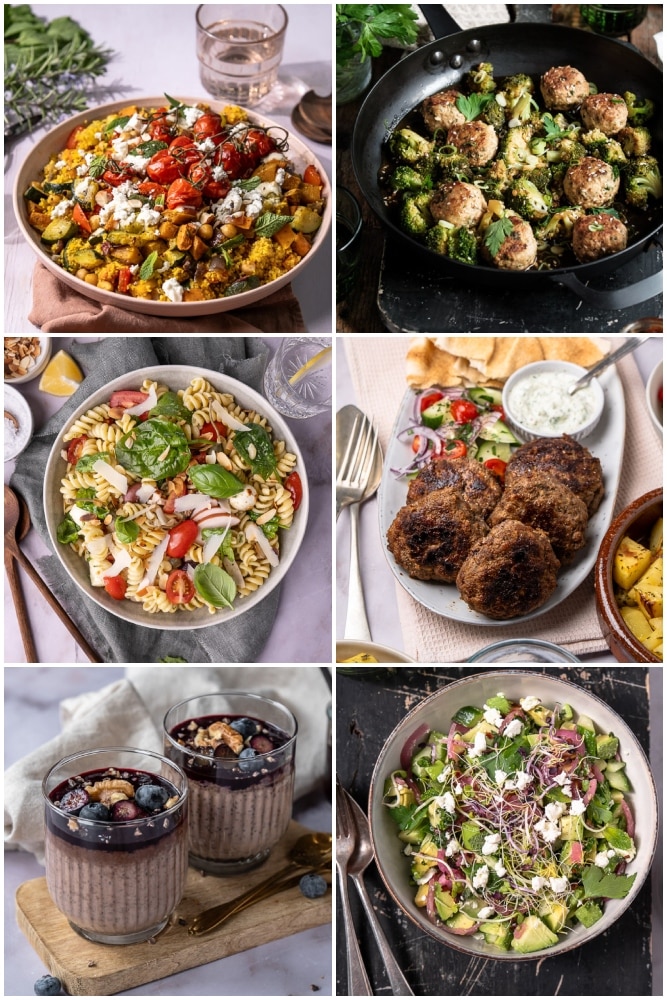 Weekmenu vol met gezonde en makkelijke maaltijden voor het hele gezin, inclusief couscous salade, Aziatische gehaktballetjes, pastasalade en quiche – perfect voor zomerse dagen en drukke weken.