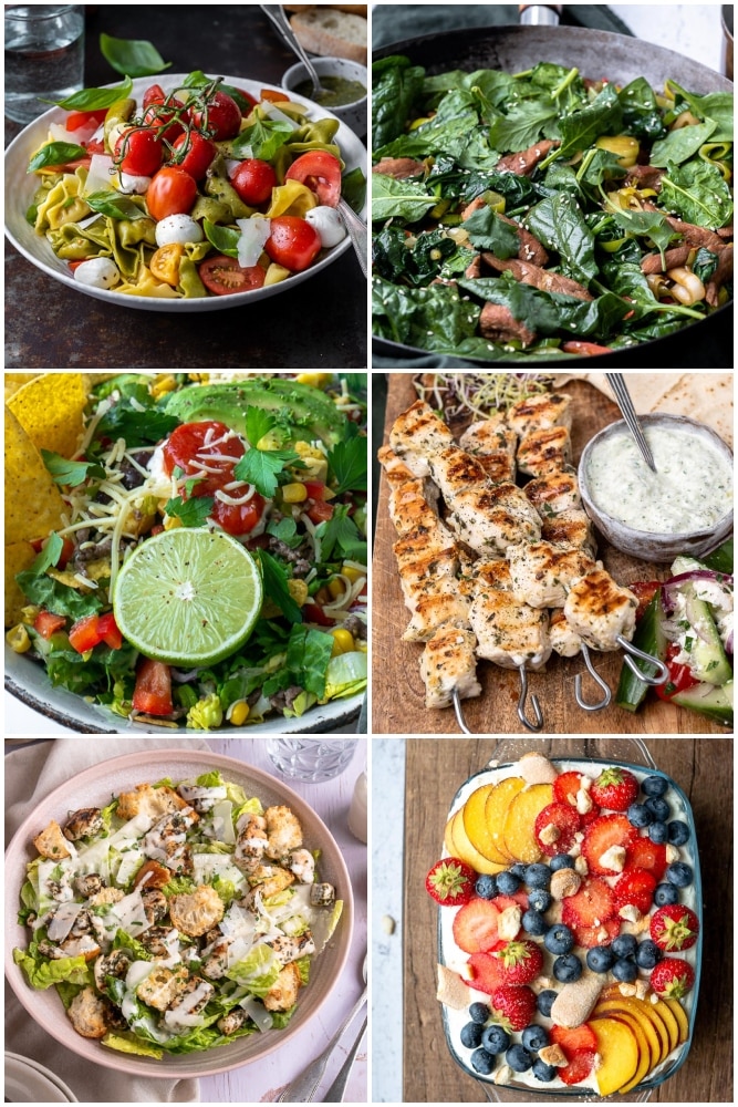 Overzicht van een weekmenu vol makkelijke en gezonde maaltijden – van frisse maaltijdsalades tot snelle doordeweekse diners en een zomers toetje.
