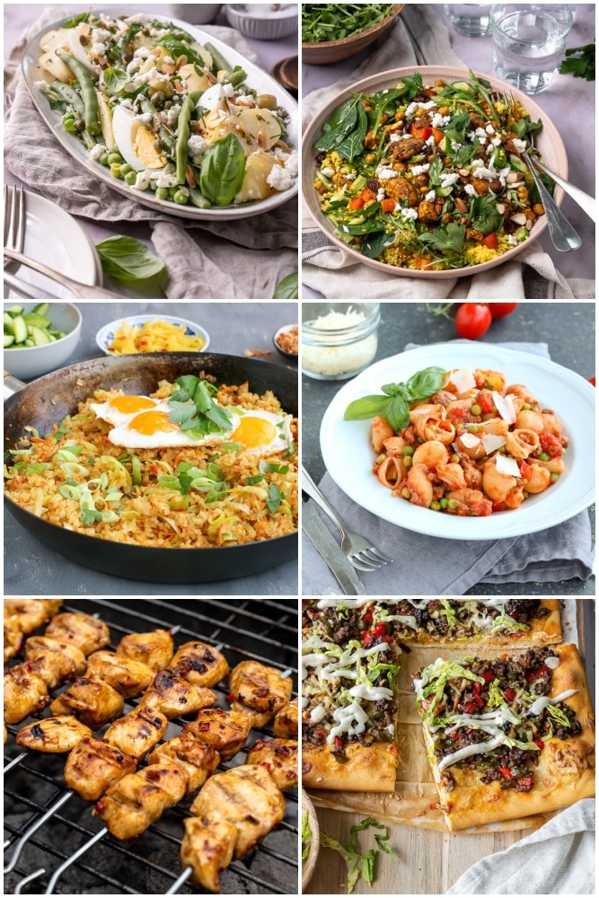 Weekmenu met makkelijke en gezonde recepten voor het hele gezin – van maaltijdsalades en snelle pasta tot kipsaté en eiwitrijke pannenkoeken.