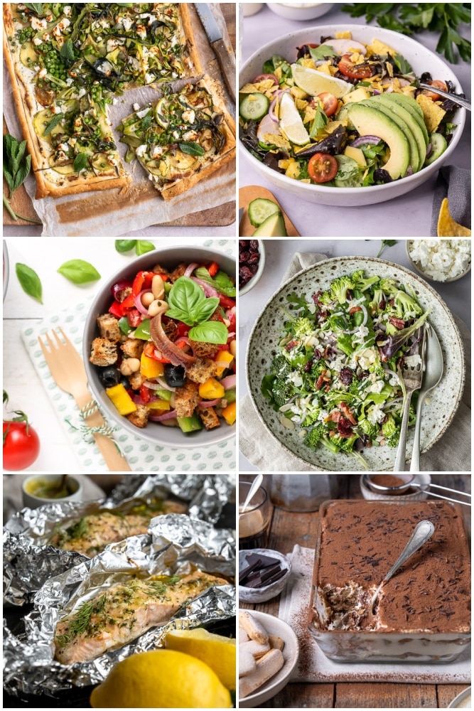 Weekmenu met makkelijke en gezonde recepten voor het hele gezin - van zomerse maaltijdsalades tot zalm van de bbq en de klassieke tiramisu uit Italie.