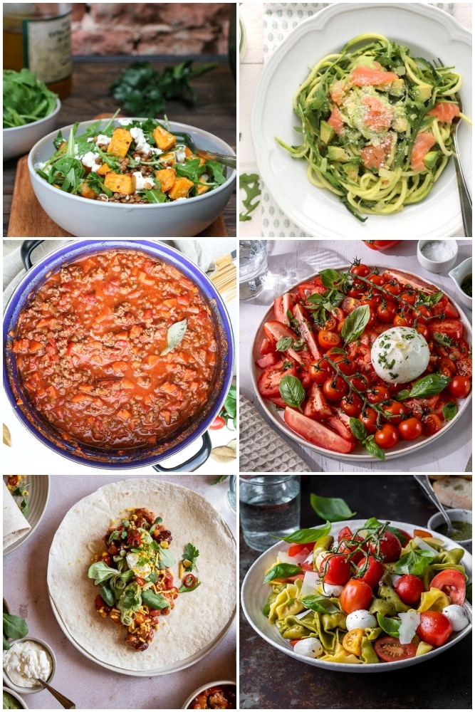 Weekmenu makkelijke maaltijden #35 – gezonde recepten voor het hele gezin, van salade tot pasta en een zomers ontbijt met pruimen.