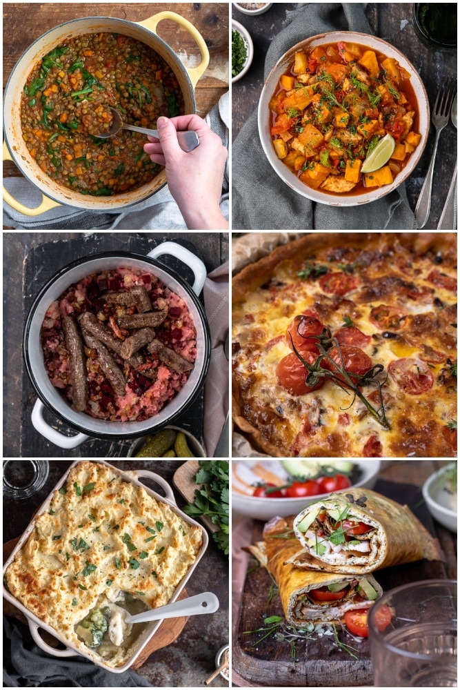 Weekmenu makkelijke maaltijden #40 – gezonde en makkelijke recepten voor het hele gezin, met variatie van vegetarische stoofpot tot vis ovenschotel en een feestelijk dessert.