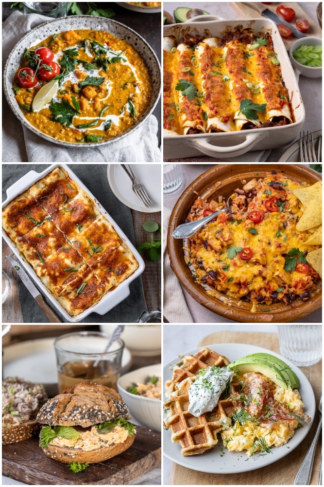 Weekmenu makkelijke maaltijden #41 – 2025, overzicht met gezonde en makkelijke recepten voor elke dag van de week: soep, stamppot, wraps, ovenschotel, lasagne, salade en croissant wafels.
