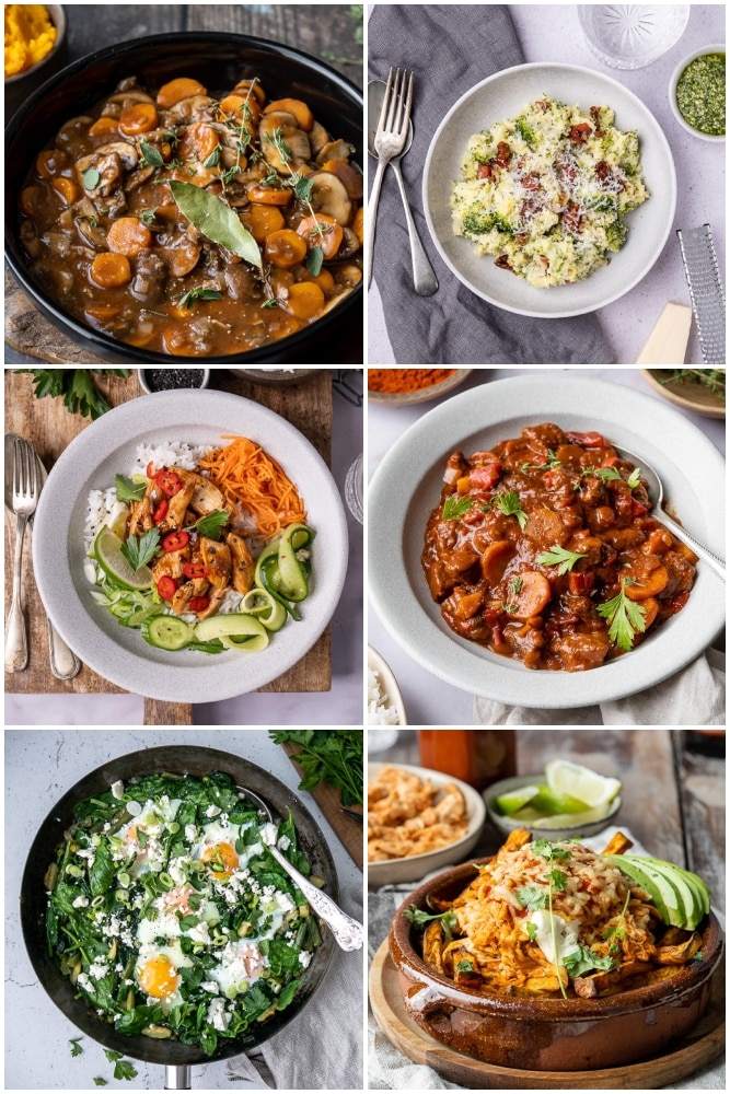 Weekmenu makkelijke maaltijden #42 – overzicht van 7 gezonde en makkelijke recepten, van stoofpot en stamppot tot Thaise kip, shakshuka en appel kaneel wafels.