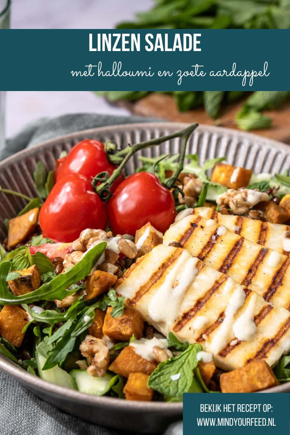 Deze linzen salade met halloumi en zoete aardappel is perfect als gezonde lunch of lichte maaltijd. Vol vezels, eiwitten en smaak! Je kunt deze salade makkelijk van tevoren klaarmaken – ideaal om mee te nemen naar je werk of als mealprep. Een voedzame salade zonder brood, waar je echt blij van wordt.