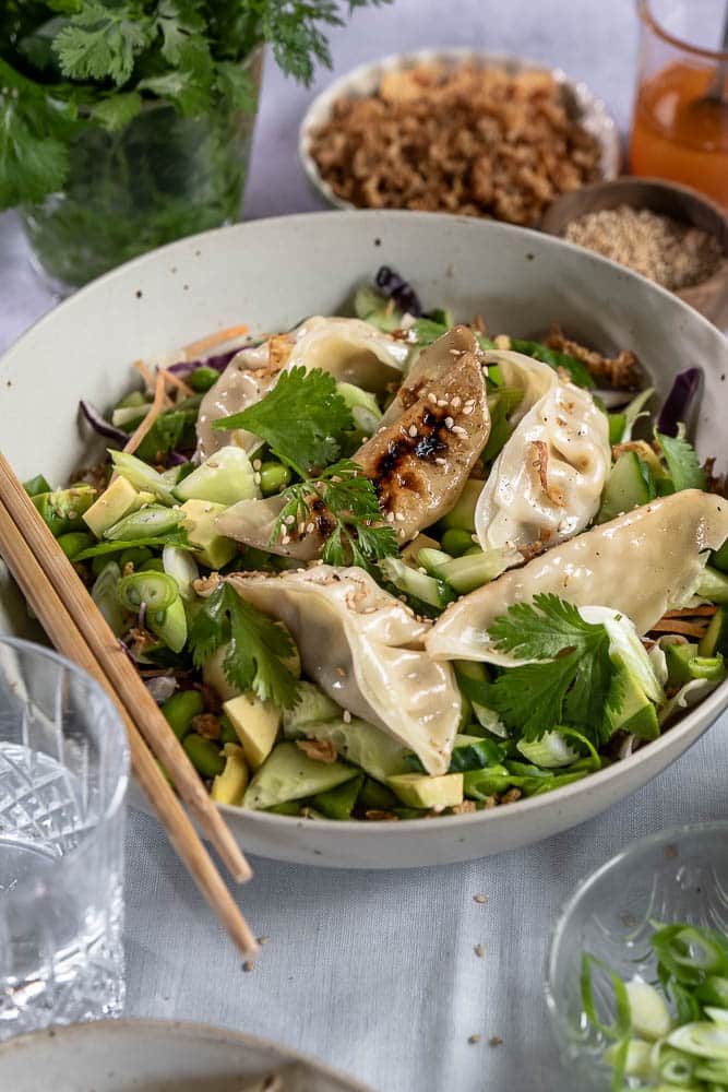 Frisse gyoza salade met kip gyoza, koolmix, edamame, avocado, komkommer, paprika en een Oosterse dressing. Makkelijke maaltijdsalade voor lunch of avondeten.