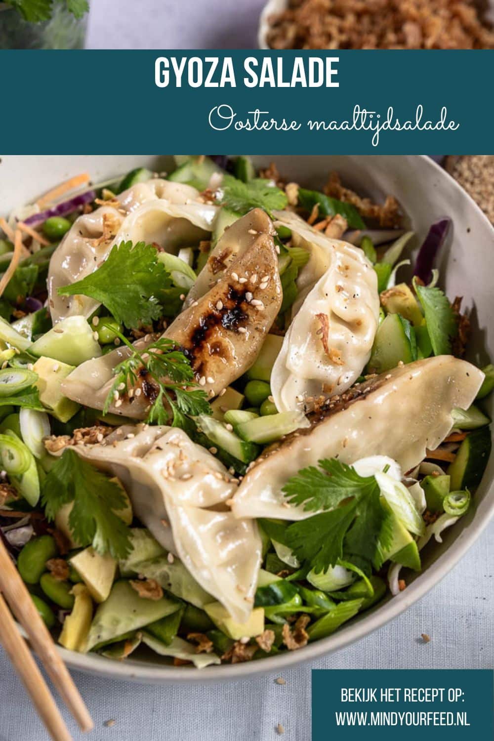Frisse gyoza salade met kip gyoza, koolmix, edamame, avocado, komkommer, paprika en een Oosterse dressing. Makkelijke maaltijdsalade voor lunch of avondeten.